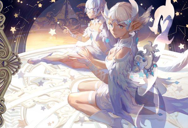 Anime picture 1440x985 with dragon nest archer (dragon nest) achyue looking at viewer blush fringe short hair breasts sitting bare shoulders multiple girls cleavage bent knee (knees) white hair nail polish parted lips profile aqua eyes fingernails light smile