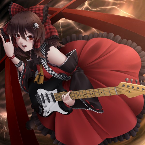 Anime picture 1300x1300 with touhou hakurei reimu mochi.f single red eyes brown hair lightning girl bow hair bow detached sleeves bracelet musical instrument guitar torii