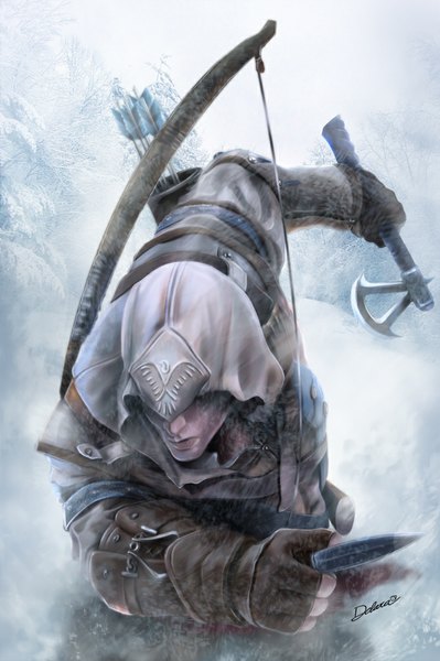 Anime picture 670x1008 with assassin's creed (game) ratohnhaketon (connor) cris delara single tall image lips assassin boy gloves weapon hood bow (weapon) arrow (arrows) axe