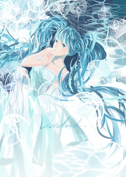 Anime picture 2185x3070 with vocaloid hatsune miku rrr (reason) single long hair tall image looking at viewer highres smile twintails bare shoulders nail polish aqua eyes aqua hair girl dress flower (flowers) white dress