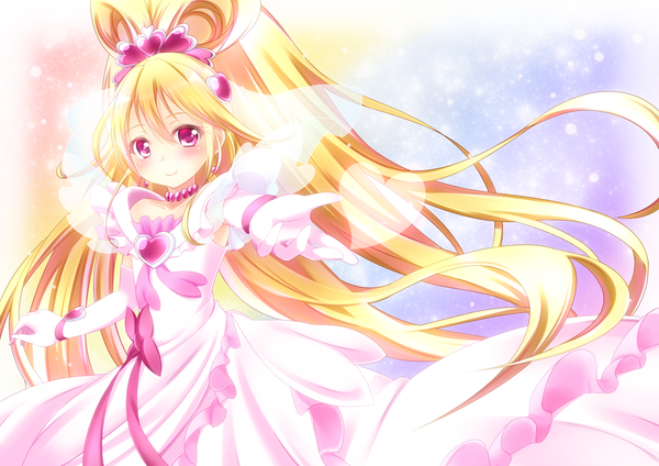 Anime picture 1754x1240 with precure dokidoki! precure toei animation aida mana cure heart yayayoruyoru single long hair looking at viewer blush highres blonde hair smile pink eyes girl dress hair ornament bow earrings heart