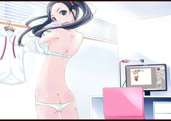 Anime picture 1131x800 with original tsuka (blind side) single open mouth light erotic black hair twintails ass looking back from behind black eyes from below underwear only back adjusting clothes girl underwear panties chair table