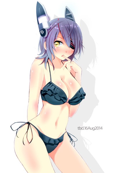 Anime picture 2025x3000 with kantai collection tenryuu light cruiser tebi (tbd11) single tall image blush highres short hair breasts open mouth light erotic simple background white background yellow eyes looking away cleavage purple hair inscription shadow finger to mouth