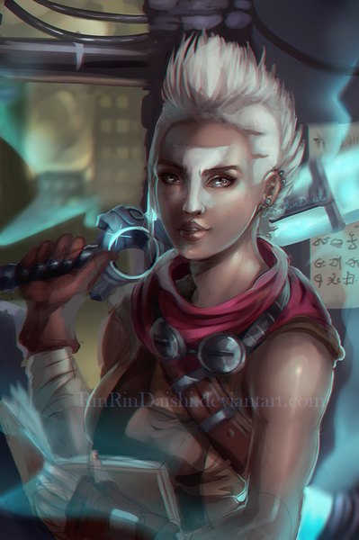 Anime picture 600x902 with league of legends ekko (league of legends) rinrindaishi single tall image short hair brown eyes white hair lips piercing dark skin ear piercing genderswap girl weapon sword book (books) clothes