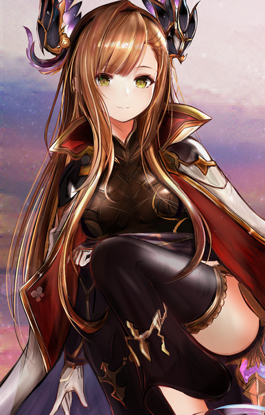 Anime picture 1208x1892 with granblue fantasy song (granblue fantasy) efuri (riarea00) long hair tall image looking at viewer blush fringe breasts light erotic smile brown hair thighs head wings girl thighhighs gloves wings shorts white gloves