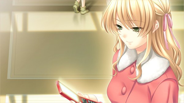 Anime picture 1280x720 with morobito kozorite (game) single long hair blonde hair wide image green eyes game cg girl