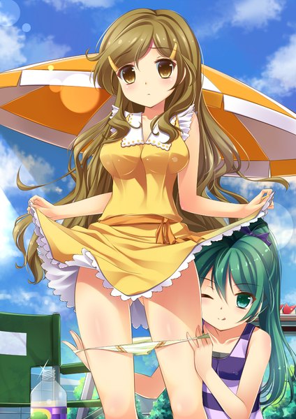 Anime picture 706x1000 with vividred operation shinomiya himawari saegusa wakaba onaka sukisuki long hair tall image looking at viewer blush blue eyes light erotic brown hair multiple girls brown eyes sky cloud (clouds) one eye closed green hair wink panty pull girl