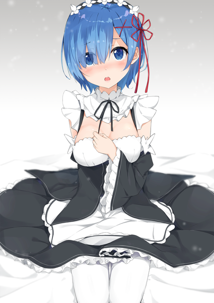 Anime picture 1254x1771 with re:zero kara hajimeru isekai seikatsu white fox rem (re:zero) mirai (mirai76 ) single tall image looking at viewer blush fringe short hair open mouth blue eyes blue hair hair over one eye maid girl dress uniform detached sleeves headdress