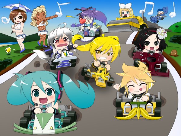 Anime picture 1200x900 with vocaloid hatsune miku megurine luka kagamine rin gumi kaito (vocaloid) meiko chibi girl ground vehicle steamroller