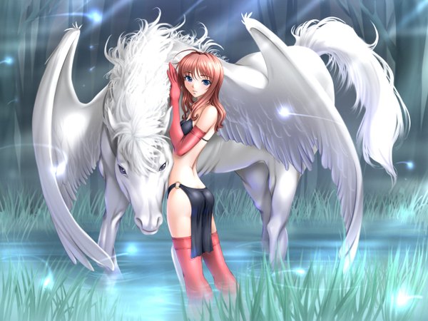 Anime picture 1280x960 with shichinin no online gamers tetuko sano toshihide blue eyes brown hair game cg red hair thighhighs water pegasus
