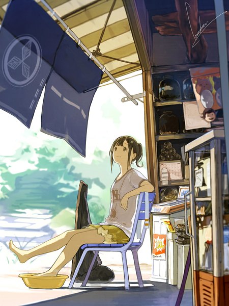 Anime picture 868x1157 with original loundraw single tall image fringe short hair brown hair sitting brown eyes signed ponytail barefoot arm support bare legs shadow looking up striped summer girl skirt