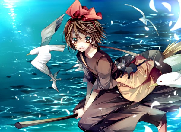 Anime picture 1750x1275 with kiki's delivery service studio ghibli kiki jiji tsukioka tsukiho single looking at viewer highres short hair smile brown hair brown eyes flying broom riding girl dress animal water hairband sea