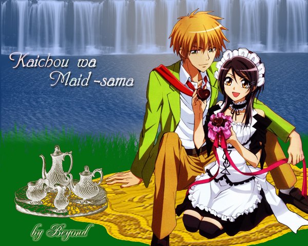 Anime picture 1280x1024 with kaichou wa maid-sama! ayuzawa misaki takumi usui black hair blonde hair yellow eyes maid couple waterfall ribbon (ribbons) water