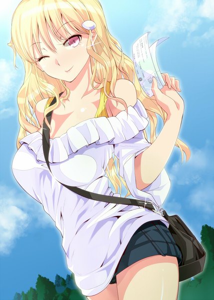Anime picture 620x867 with original amasora taichi single long hair tall image looking at viewer fringe breasts light erotic blonde hair standing bare shoulders sky cloud (clouds) eyes closed one eye closed pink eyes wink girl plant (plants)