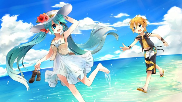 Anime picture 1152x648 with vocaloid hatsune miku mashunyoro (artist) long hair short hair open mouth blue eyes blonde hair smile wide image twintails multiple girls sky cloud (clouds) barefoot aqua hair beach running girl dress