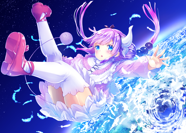 Anime picture 1050x750 with kobayashi-san chi no maidragon kyoto animation kanna kamui kyougoku touya single long hair blush fringe blue eyes twintails sky purple hair full body tail horn (horns) zettai ryouiki low twintails spread arms falling girl