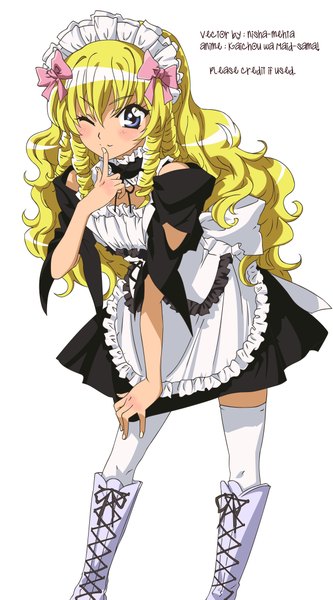 Anime picture 1201x2163 with kaichou wa maid-sama! hyoudou aoi long hair tall image blush blue eyes blonde hair one eye closed wink maid wavy hair vector otoko no ko thighhighs boy bow hair bow white thighhighs boots headdress