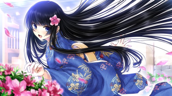 Anime picture 1280x720 with ayame no machi to ohimesama kazuharu kina single long hair looking at viewer blush open mouth blue eyes black hair wide image game cg traditional clothes japanese clothes hair flower turning head weightlessness girl hair ornament flower (flowers) petals