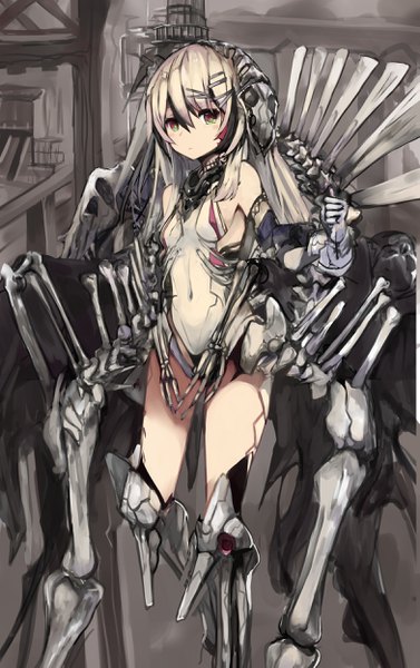 Anime picture 1565x2490 with original haik single long hair tall image looking at viewer fringe light erotic blonde hair hair between eyes red eyes bare shoulders green eyes multicolored eyes skeleton girl gloves hair ornament hairclip leotard