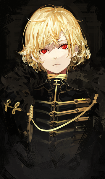 Anime picture 592x1000 with original saberiii single tall image looking at viewer short hair simple background blonde hair red eyes fur trim black background vampire boy uniform fur