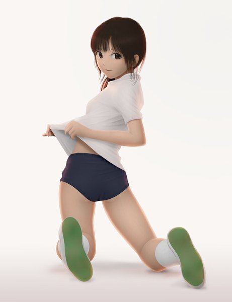 Anime picture 769x1000 with original siraha single tall image short hair black hair simple background white background brown eyes looking back girl uniform socks white socks gym uniform
