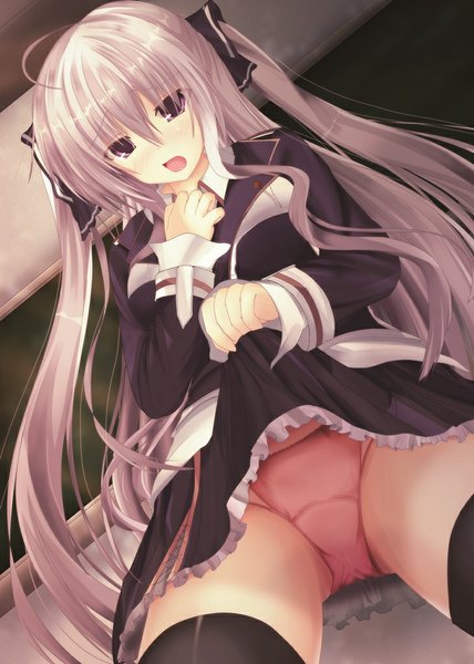 Anime picture 730x1024 with original kanzaki kureha single long hair tall image looking at viewer open mouth light erotic purple eyes twintails silver hair ahoge from below hand on chest looking down skirt lift girl thighhighs skirt underwear