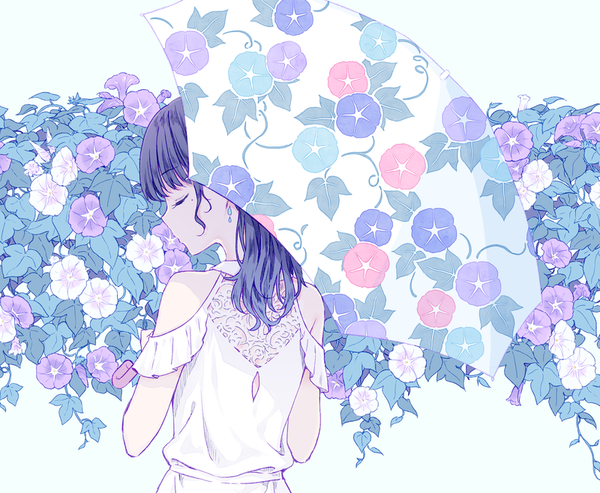 Anime picture 800x658 with original hiten (hitenkei) single long hair fringe black hair standing bare shoulders upper body eyes closed profile from behind mole mole under eye floral print blue background floral background girl flower (flowers) umbrella
