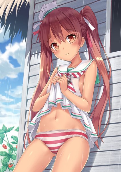 Anime picture 626x885 with kantai collection libeccio destroyer shimokirin single long hair tall image blush light erotic brown hair twintails brown eyes sky cloud (clouds) wet embarrassed rain girl navel underwear panties