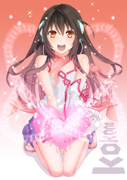Anime picture 1420x2005 with vocaloid kokone (vocaloid) yukimeg single long hair tall image blush fringe open mouth hair between eyes brown hair bare shoulders brown eyes from above sparkle character names kneeling gradient background girl detached sleeves