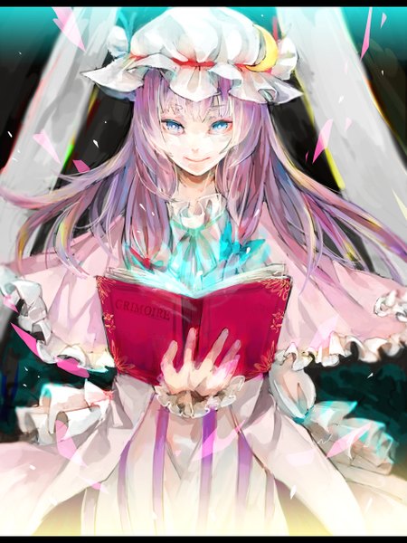 Anime picture 960x1280 with touhou patchouli knowledge frea single long hair tall image looking at viewer fringe blue eyes smile standing holding purple hair multicolored hair magic glowing girl frills book (books) bonnet