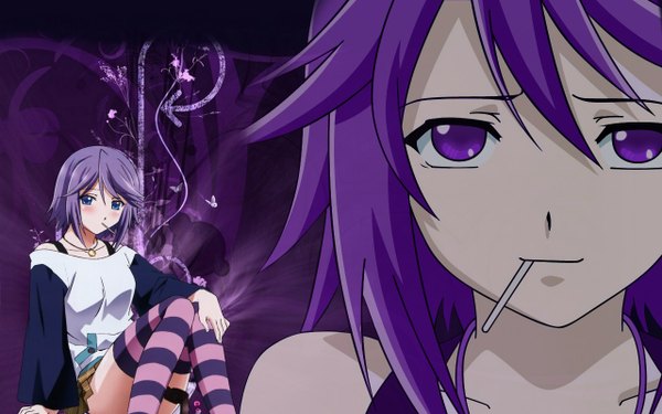 Anime picture 1280x800 with rosario+vampire shirayuki mizore short hair blue eyes wide image purple hair mouth hold zoom layer girl thighhighs locket