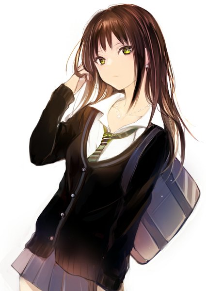 Anime picture 600x847 with idolmaster idolmaster cinderella girls shibuya rin lpip single long hair tall image looking at viewer fringe simple background brown hair white background yellow eyes open collar girl uniform school uniform earrings shirt necktie