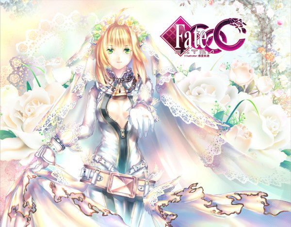Anime picture 1056x827 with fate (series) fate/extra fate/extra ccc type-moon nero claudius (fate) (all) nero claudius (fate) nero claudius (bride) (fate) inanna123 single looking at viewer short hair blonde hair green eyes girl dress gloves flower (flowers) ring wedding dress lock