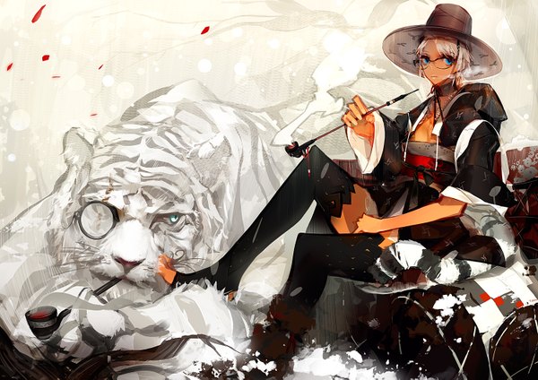 Anime picture 1500x1061 with original panamaman blue eyes white hair dark skin scar smoke smoking girl thighhighs black thighhighs hat animal glasses pipe kiseru tiger monocle white tiger