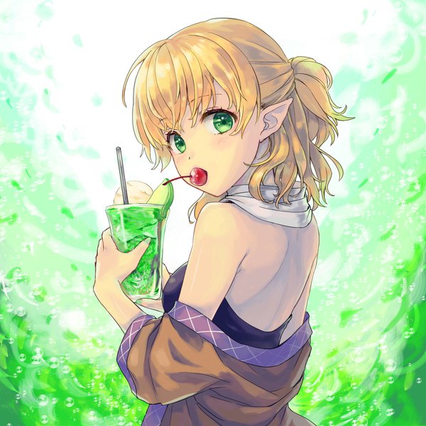 Anime picture 1200x1200 with touhou mizuhashi parsee akidzuki haruhi single looking at viewer fringe short hair blonde hair bare shoulders holding green eyes upper body looking back pointy ears off shoulder mouth hold half updo green background girl fruit