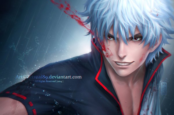 Anime picture 2002x1325 with gintama sunrise (studio) sakata gintoki zetsuai89 single highres short hair smile red eyes silver hair realistic teeth close-up rain boy blood