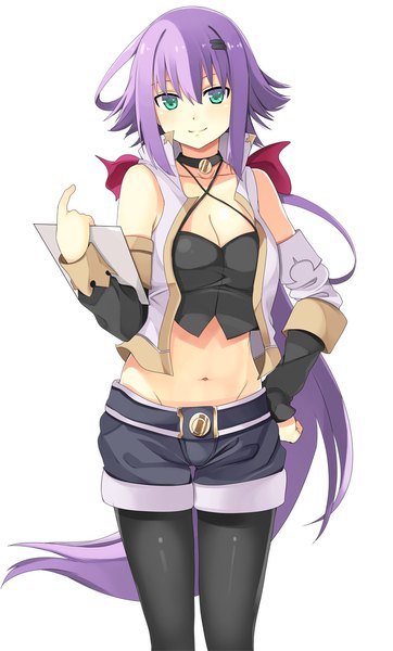 Anime picture 700x1158 with original mahcdai single tall image looking at viewer blush fringe breasts simple background hair between eyes large breasts standing white background bare shoulders green eyes payot cleavage purple hair very long hair light smile