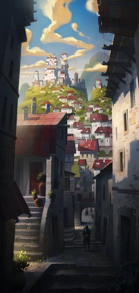 Anime picture 995x2084 with original ivany86 (artist) tall image standing sky cloud (clouds) sunlight city cityscape mountain scenic alley boy weapon sword building (buildings) stairs house castle door