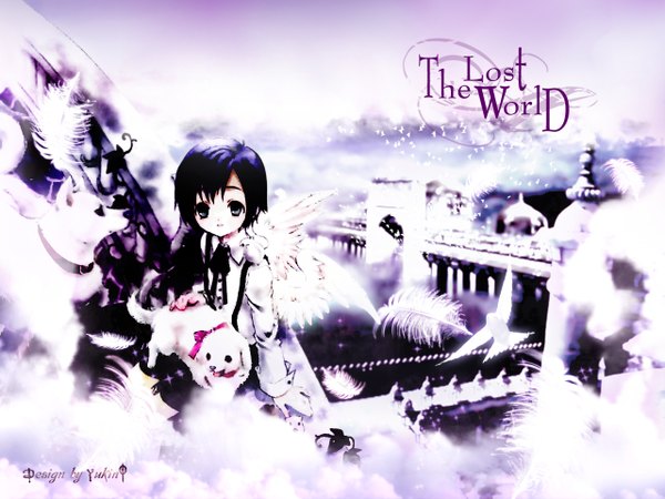 Anime picture 1280x960 with original azumi tooru shioriyukino looking at viewer short hair sitting signed purple hair grey eyes winter third-party edit white wings animal on shoulder bird on shoulder boy animal wings bird (birds) feather (feathers) suspenders