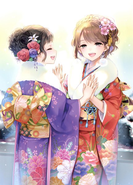 Anime picture 2517x3500 with original kaguyuzu tall image blush highres open mouth black hair brown hair multiple girls brown eyes traditional clothes japanese clothes hair flower scan official art girl hair ornament flower (flowers) 2 girls kimono