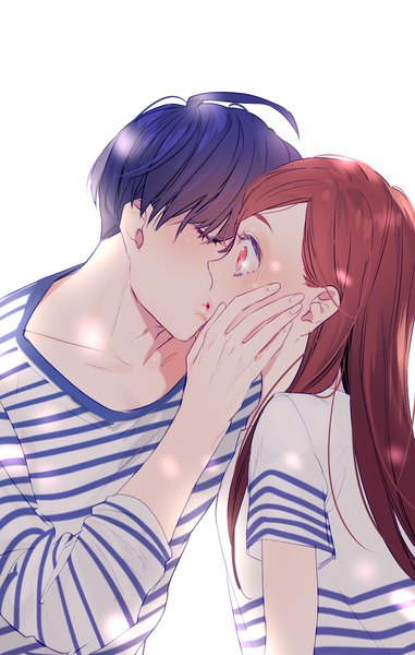 Anime picture 1020x1606 with a3! tachibana izumi (a3!) tsukioka tsumugi artwele long hair tall image short hair simple background red eyes brown hair white background blue hair ahoge eyes closed striped kiss surprised hand on another's face girl boy