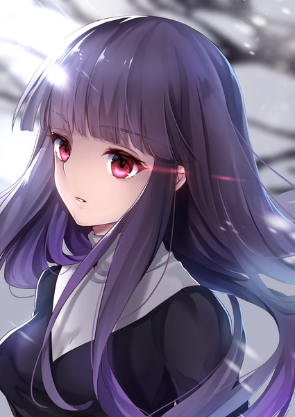 Anime picture 1032x1457 with fate (series) fate/grand order kara no kyoukai type-moon asagami fujino hane yuki single long hair tall image fringe looking away purple hair upper body outdoors blunt bangs parted lips pink eyes wind blurry glowing