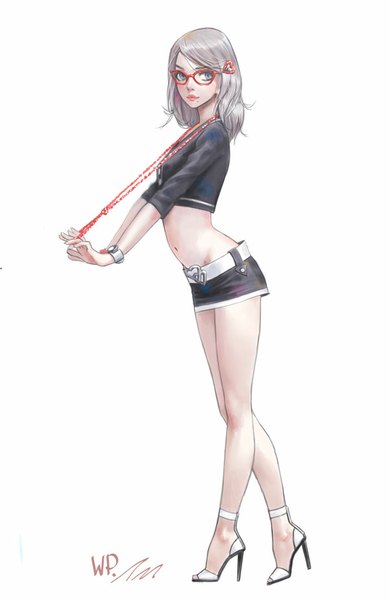Anime picture 600x924 with canvas of life (manga) annie (canvas of life) whiskypaint single long hair tall image simple background white background silver hair lips mole bare belly grey eyes legs girl skirt navel miniskirt glasses belt