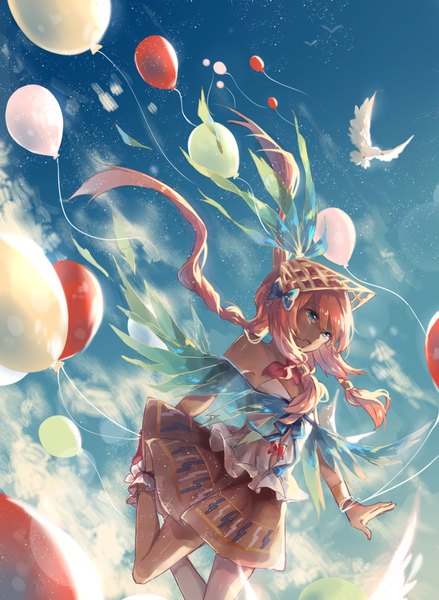 Anime picture 1024x1400 with original kane (kanekiru) single long hair tall image fringe open mouth blue eyes bare shoulders looking away pink hair sky cloud (clouds) wind sunlight jumping girl skirt bow hair bow