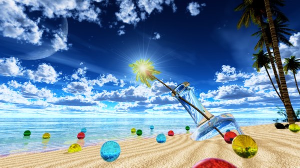 Anime picture 1920x1080 with original y-k highres wide image sky cloud (clouds) beach no people landscape scenic summer plant (plants) tree (trees) sea moon sun