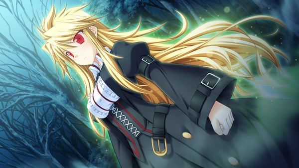 Anime picture 2560x1440 with yaneura no kanojo dp minase (artist) long hair highres blonde hair red eyes wide image game cg glowing girl dress plant (plants) tree (trees)
