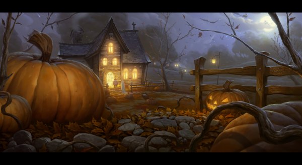 Anime picture 4800x2637 with unidcolor highres wide image signed absurdres horn (horns) night glowing halloween ghost autumn demon plant (plants) tree (trees) leaf (leaves) building (buildings) moon full moon lantern fence