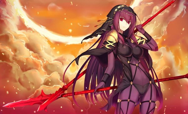 Anime picture 1283x780 with fate (series) fate/grand order scathach (fate) (all) scathach (fate) kauto single long hair looking at viewer breasts light erotic red eyes wide image purple hair cloud (clouds) girl gloves weapon elbow gloves bodysuit spear