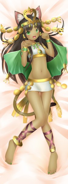 Anime picture 1239x3307 with puzzle & dragons bastet (p&d) sasami single long hair tall image looking at viewer blush black hair smile green eyes animal ears lying animal tail cat ears cat girl cat tail dark skin flat chest girl