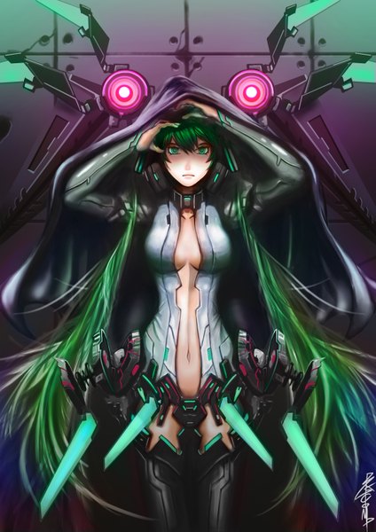 Anime picture 2121x3000 with vocaloid vocaloid append hatsune miku hatsune miku (append) badcompzero single long hair tall image highres green eyes signed green hair futuristic girl navel cap